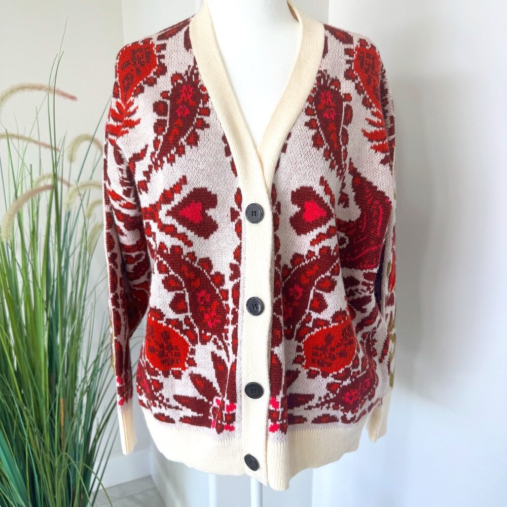 FARM Rio Toucans Scarf Print Cardigan in Toucans Scarf Mixed Off-White Size L